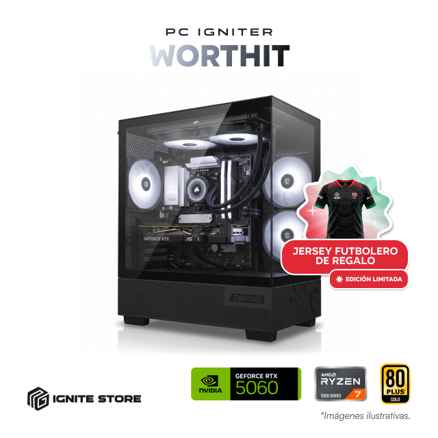 PC Gamer Igniter WorthIT | AMD Ryzen 7 7800X3D | NVIDIA GeForce RTX 5060 8GB | 32GB RAM DDR5 | SSD 1TB + Jersey Futbolera Edición Limitada + Gabinete MSI PAG PANO M110A De Regalo