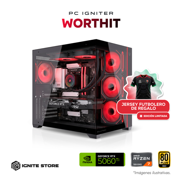 PC Gamer Igniter WorthIT | AMD Ryzen 7 7800X3D | NVIDIA GeForce RTX 5060 Ti 16GB | 32GB RAM DDR5 | SSD 1TB + Jersey Futbolera Edición Limitada de Regalo