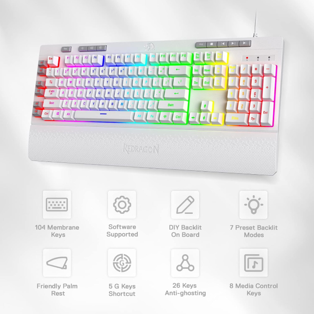 Teclado Alámbrico Redragon Shiva K512 | Full Size | Membrana | Cable Reforzado | Reposamuñecas | RGB | Blanco | Español | K512RGB-SP