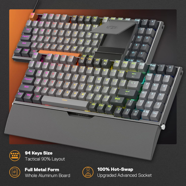 Teclado Mecánico Alámbrico Redragon Olaf K648 | Full Size | Switch Red | Reposamuñecas | Soporte para Teléfono | Cable USB-C / Adaptador USB-A | RGB | Gris | Español | K648GG-RGB