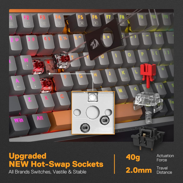 Teclado Mecánico Alámbrico Redragon Olaf K648 | Full Size | Switch Red | Reposamuñecas | Soporte para Teléfono | Cable USB-C / Adaptador USB-A | RGB | Gris | Español | K648GG-RGB