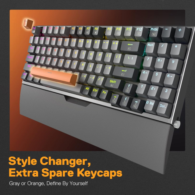 Teclado Mecánico Alámbrico Redragon Olaf K648 | Full Size | Switch Red | Reposamuñecas | Soporte para Teléfono | Cable USB-C / Adaptador USB-A | RGB | Gris | Español | K648GG-RGB