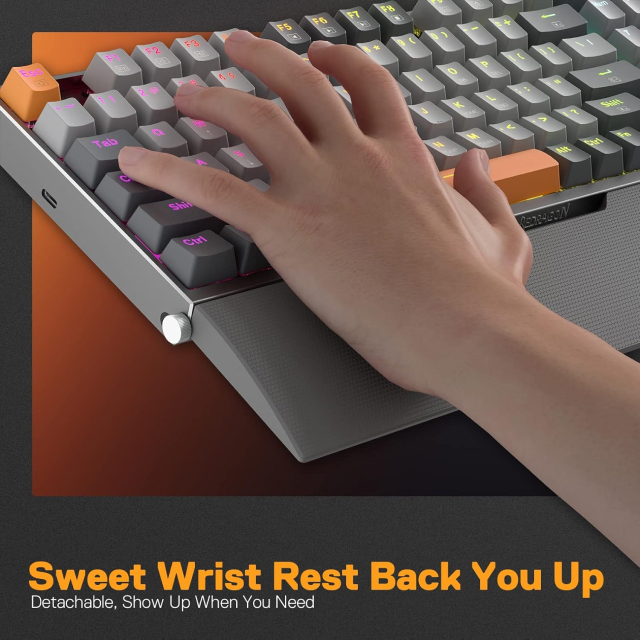 Teclado Mecánico Alámbrico Redragon Olaf K648 | Full Size | Switch Red | Reposamuñecas | Soporte para Teléfono | Cable USB-C / Adaptador USB-A | RGB | Gris | Español | K648GG-RGB