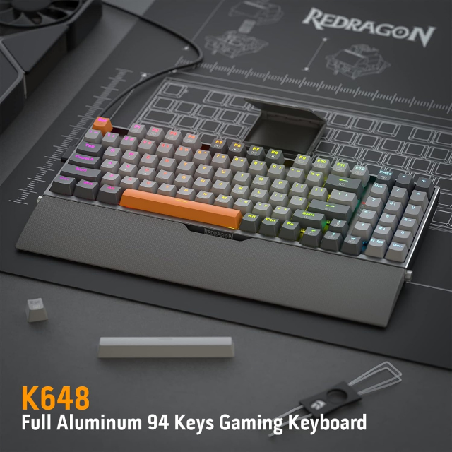 Teclado Mecánico Alámbrico Redragon Olaf K648 | Full Size | Switch Red | Reposamuñecas | Soporte para Teléfono | Cable USB-C / Adaptador USB-A | RGB | Gris | Español | K648GG-RGB