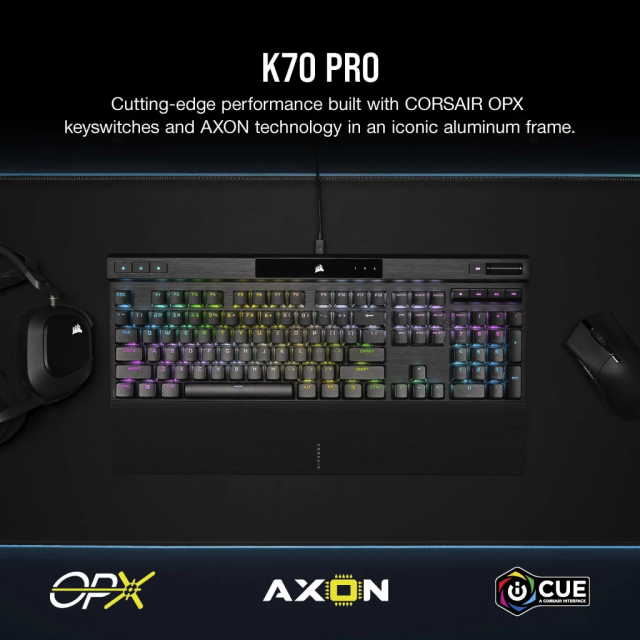 Teclado Óptico-Mecánico Corsair K70 PRO RGB | Alámbrico | Teclas profesionales CORSAIR OPX ultrarrápidas | Teclas PBT Negras | Inglés | CH-910941A-NA