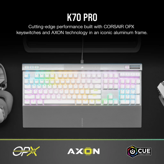 Teclado Óptico-Mecánico Corsair K70 PRO RGB | Alámbrico | Teclas profesionales CORSAIR OPX ultrarrápidas | Teclas PBT Blancas| Inglés | CH-910951A-NA