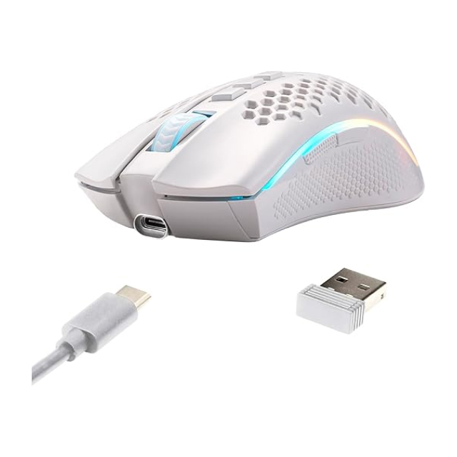 Mouse Gamer Inalámbrico Redragon Storm Pro M808-KS | 16000 DPI | Sensor Óptico Pixart PAW 3335 | 97 g | 8 Botones Programables | Hasta 36 Hrs de Batería | RGB | Blanco | M808-KS
