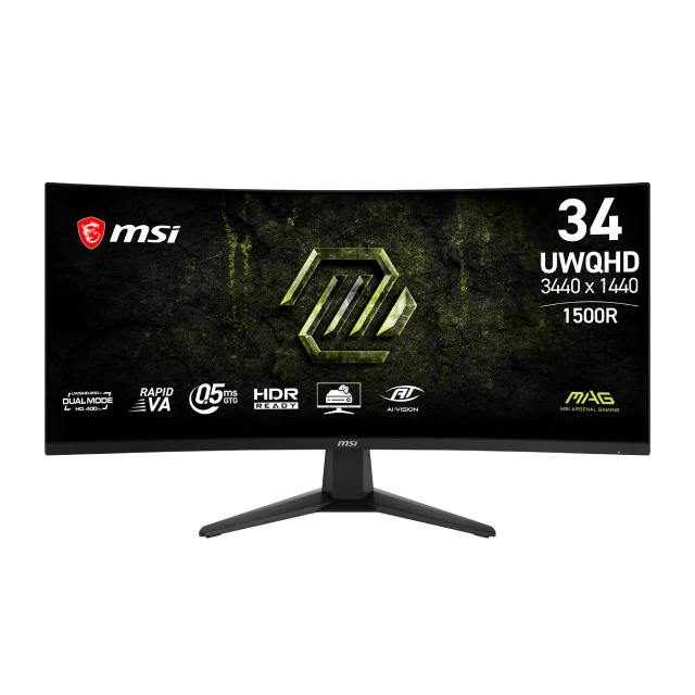 Monitor Gamer Curvo MSI MAG 346CQDF E20 | 34" | 3440 x 1440 (UWQHD) | VA | 200Hz (UWQHD) / 400Hz (HD) | 0.5ms (GTG) | 1500R | AMD FreeSync Premium / HDR Ready | HDMI 2.0b / DisplayPort 1.4a / Jack 3.5mm | Negro | MAG 346CQDF E20