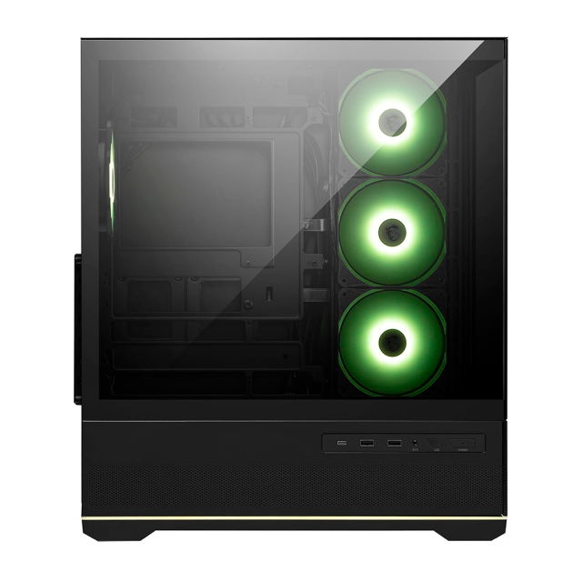 Gabinete MSI MAG PANO 110R PZ | Media Torre | ATX / Micro-ATX / Mini-ITX | Back Connect | 2 x USB-A / 1 x USB-C | Incluye 4 Ventiladores ARGB | Cristal Templado Panorámico | Negro | MAG PANO 110R PZ