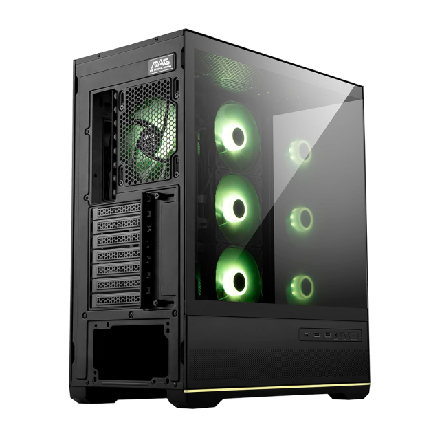 Gabinete MSI MAG PANO 110R PZ | Media Torre | ATX / Micro-ATX / Mini-ITX | Back Connect | 2 x USB-A / 1 x USB-C | Incluye 4 Ventiladores ARGB | Cristal Templado Panorámico | Negro | MAG PANO 110R PZ