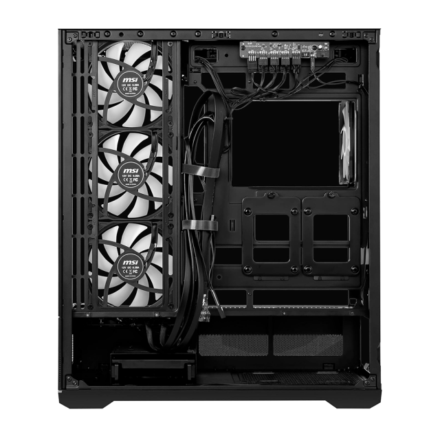Gabinete MSI MAG PANO 110R PZ | Media Torre | ATX / Micro-ATX / Mini-ITX | Back Connect | 2 x USB-A / 1 x USB-C | Incluye 4 Ventiladores ARGB | Cristal Templado Panorámico | Negro | MAG PANO 110R PZ
