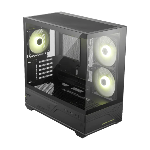 Gabinete MSI MAG PANO M110R | Mini Torre | Micro-ATX / Mini-ITX | 1 x USB-A / 1 x USB-C | Incluye 3 Ventiladores ARGB | Cristal Templado Panorámico | Negro | MAG PANO M110R