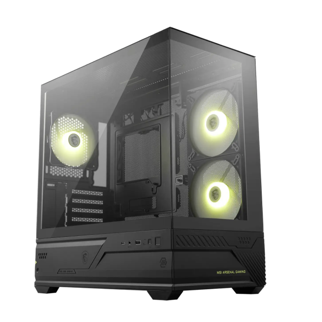 Gabinete MSI MAG PANO M110R | Mini Torre | Micro-ATX / Mini-ITX | 1 x USB-A / 1 x USB-C | Incluye 3 Ventiladores ARGB | Cristal Templado Panorámico | Negro | MAG PANO M110R