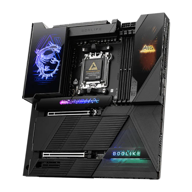 Tarjeta Madre MSI MEG X870E GODLIKE | E-ATX | Socket AM5 | Chipset AMD X870E | DDR5 (Hasta 256GB) | 2 x USB-C | Wi-Fi 7 | Bluetooth 5.4 | Pantalla Personalizable LCD 4" | RGB | Negro | MEG X870E GODLIKE