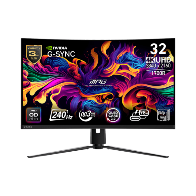 Monitor Curvo MSI MPG 321CURX QD-OLED | 31.5” | QD-OLED | 3840x2160 (UHD) | 48-240Hz | 0.03ms (GTG) | Adaptive-Sync | MPG 321CURX QD-OLED