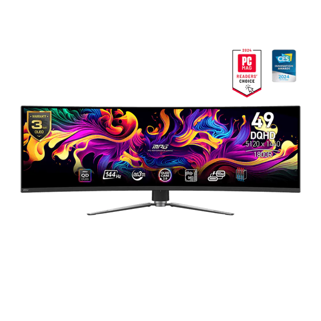 Monitor Gamer Curvo MSI MPG 491CQP QD-OLED | 49" | 5120 x 1440 (DQHD) | QD-OLED | 144Hz | 0.03 ms (GTG) | 1800R | Adaptive-Sync / HDR | HDMI 2.1 / DisplayPort 1.4a / USB-C / Jack 3.5 mm | Negro | MPG 491CQP QD-OLED