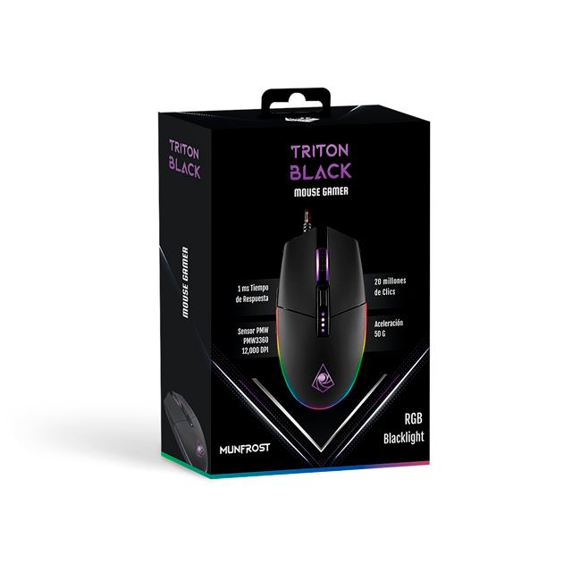 MOUSE GAMER MUNFROST TRITON BLACK MATE ARGB USB SENSOR PIXART 3360 12000DPI