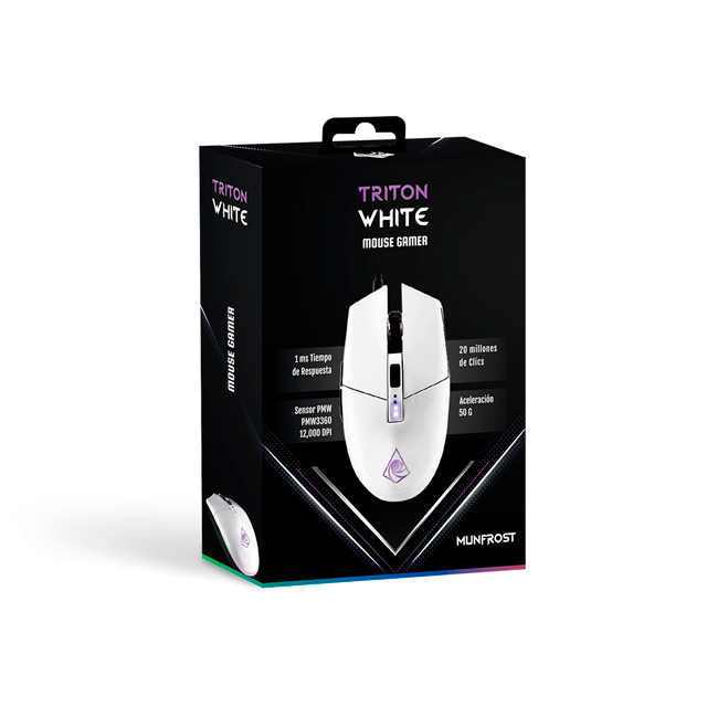 MOUSE GAMER MUNFROST TRITON WHITE GLOSSY ARGB USB SENSOR PIXART 3360 12000DPI 6 BOTONES