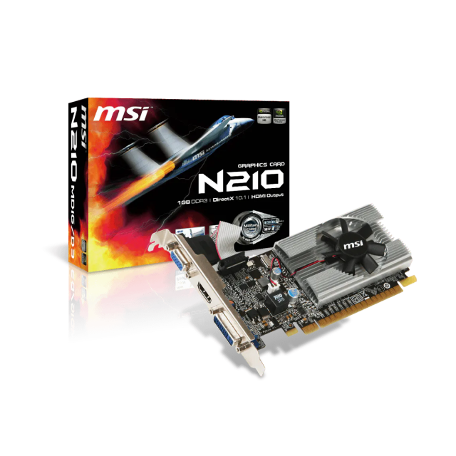 Tarjeta de Video MSI N210-MD1G/D3 | 1GB GDDR3 | PCIe 2.0 | 64 Bits | 1 x HDMI / 1 x D-Sub (VGA) / 1 x DVI | Low Profile | N210-MD1G/D3