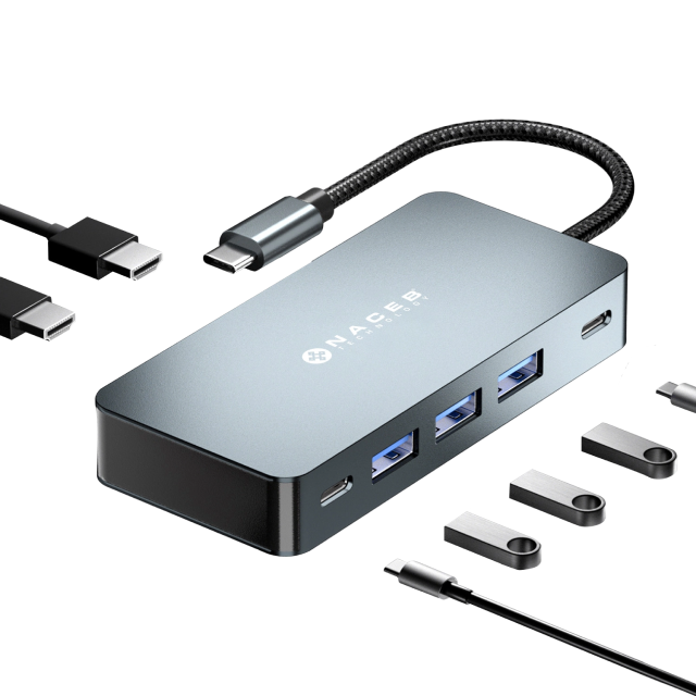 HUB Multipuerto Naceb NA-0147 | Conexión a PC USB-C | 2 Puertos HDMI 4K y 2K 30Hz / 1 Puerto de Carga USB-C 100W / 1 Puerto USB-C 3.0 / 3 Puertos USB-A 3.0 | Windows / iOS / Android | Plata | NA-0147