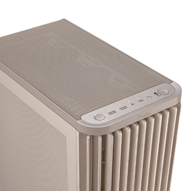 Gabinete ASUS ProArt PA401 Wood Edition | Media Torre | ATX | 2 x USB A / 1 x USB C | Incluye 3 Ventiladores | Panel de Malla Mesh | Acentos de Madera Artesanal | Beige | PA401/BEIGE/WOOD/MESH