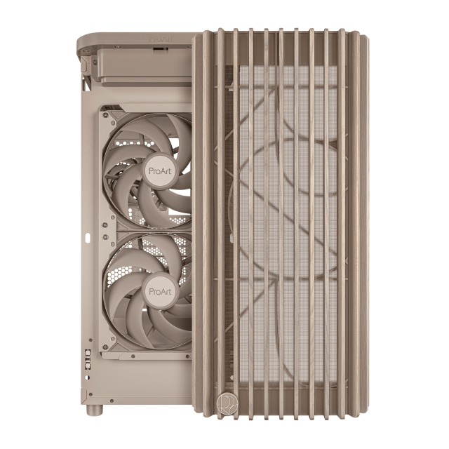 Gabinete ASUS ProArt PA401 Wood Edition | Media Torre | ATX | 2 x USB A / 1 x USB C | Incluye 3 Ventiladores | Panel de Malla Mesh | Acentos de Madera Artesanal | Beige | PA401/BEIGE/WOOD/MESH