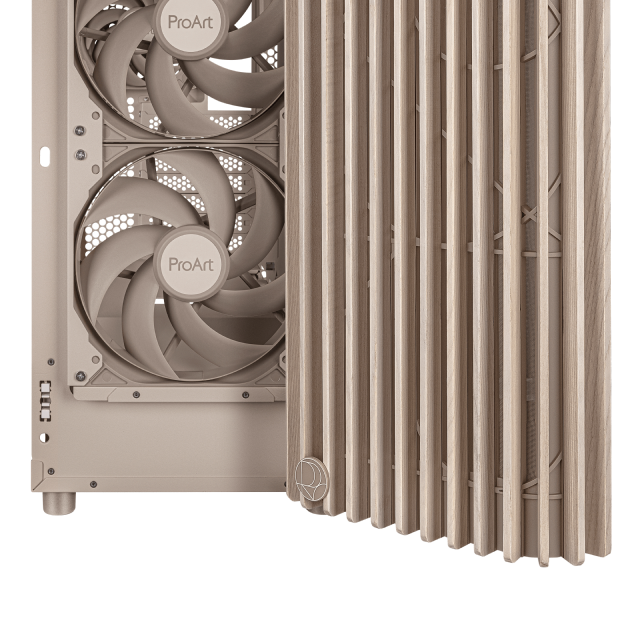 Gabinete ASUS ProArt PA401 Wood Edition | Media Torre | ATX | 2 x USB A / 1 x USB C | Incluye 3 Ventiladores | Panel de Malla Mesh | Acentos de Madera Artesanal | Beige | PA401/BEIGE/WOOD/MESH