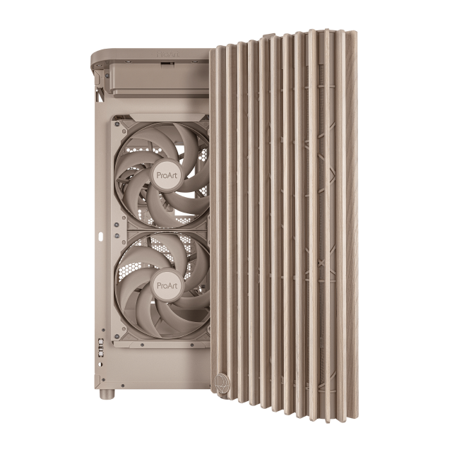 Gabinete ASUS ProArt PA401 Wood Edition | Media Torre | ATX | 2 x USB A / 1 x USB C | Incluye 3 Ventiladores | Panel de Malla Mesh | Acentos de Madera Artesanal | Beige | PA401/BEIGE/WOOD/MESH