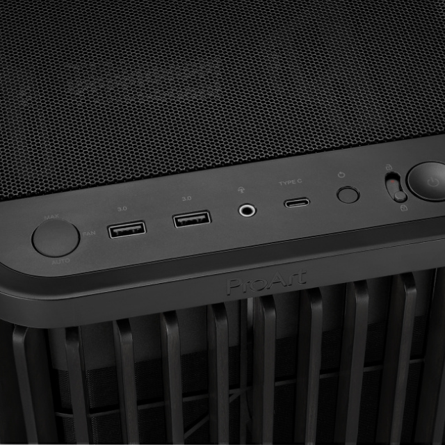 Gabinete ASUS ProArt PA401 Wood Edition | Media Torre | ATX / Micro-ATX / Mini-ITX | USB 3.2 | 3 Ventiladores Preinstalados | Panel Frontal de Madera | Cristal Templado | Negro | PA401/BK/WOOD/TG