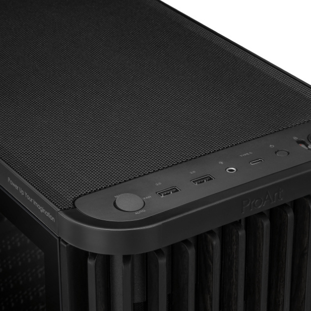 Gabinete ASUS ProArt PA401 Wood Edition | Media Torre | ATX / Micro-ATX / Mini-ITX | USB 3.2 | 3 Ventiladores Preinstalados | Panel Frontal de Madera | Cristal Templado | Negro | PA401/BK/WOOD/TG