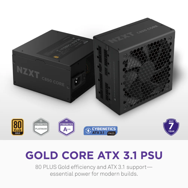 Fuente de Poder NZXT C850 Gold Core | 850W | 80 PLUS Gold | 24-pin ATX 3.1 | 150 mm | Full Modular | Negro | PA-8G3BB-US