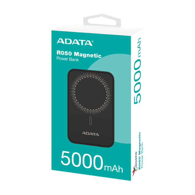 Powerbank Magnético ADATA R050 | 5,000 mAh | Carga Rápida | Hasta 2 Dispositivos Simultáneos | Conexiones Inalámbrica Magnética / USB-C | Negro | PR050-11-BK