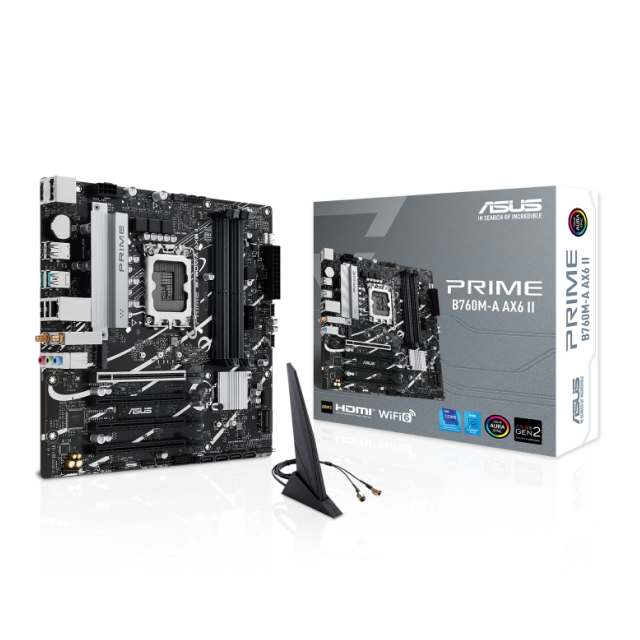 Tarjeta Madre ASUS PRIME B760M-A AX6 II | Micro ATX | Intel LGA1700 | Intel B760 | DDR5 (Hasta 192GB) | DisplayPort / HDMI | Wi-Fi 6 | Bluetooth 5.3 | Negro | PRIME B760M-A AX6 II