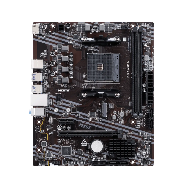 Tarjeta Madre MSI PRO A520M-S | Micro ATX | Socket AM4 | Chipset AMD A520 | 2 x DDR4 (Hasta 64GB) | 1 x HDMI / 6 x USB 2.0 / 6 x USB-A | Negro | PRO A520M-S