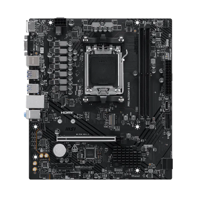 Tarjeta Madre MSI PRO A620AM-B EVO | Micro ATX | Socket AM5 | Chipset AMD A620A | DDR5 (Hasta 128GB) | 1 x HDMI / 1 x D-Sub (VGA) | Negro | PRO A620AM-B EVO