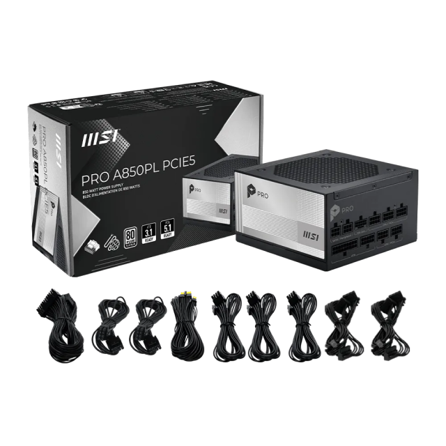 Fuente de Poder MSI PRO A850PL PCIE5 | 850W | 80 PLUS Platinum | Full Modular | 120mm | Compatible con ATX 3.1 y PCIe 5.1 | Blanco / Negro | PRO A850PL PCIE5