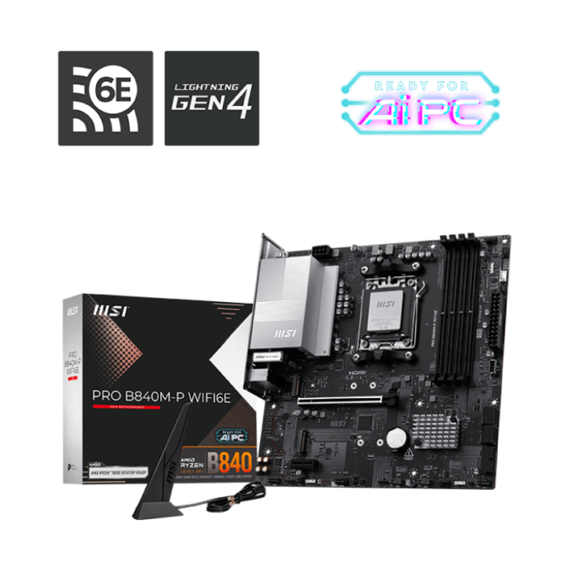 Tarjeta Madre MSI PRO B840M-P WIFI6E | Micro ATX | AM5 | AMD B840 | DDR5 (Hasta 256GB) | HDMI | Wi-Fi 6E | Bluetooth 5.3 | Blanco / Negro | PRO B840M-P WIFI6E