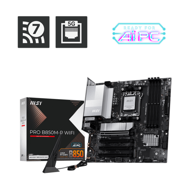 Tarjeta Madre MSI PRO B850M-P WIFI | Micro ATX | AM5 | AMD B850 | DDR5 (Hasta 256GB) | HDMI / DisplayPort | Wi-Fi 7 | Bluetooth 5.4 | Blanco / Negro | PRO B850M-P WIFI