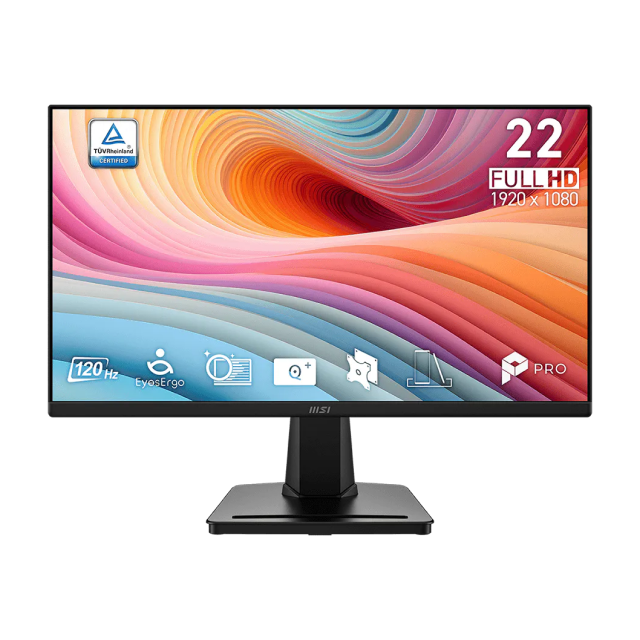 Monitor Plano MSI PRO MP225 E12VL | 21.45" | 1920 x 1080 (FHD) | VA | 120Hz | 1ms (MPRT) / 4ms (GTG) | Adaptive Sync | HDMI 1.4b / VGA / Jack 3.5mm | Negro | PRO MP225 E12VL