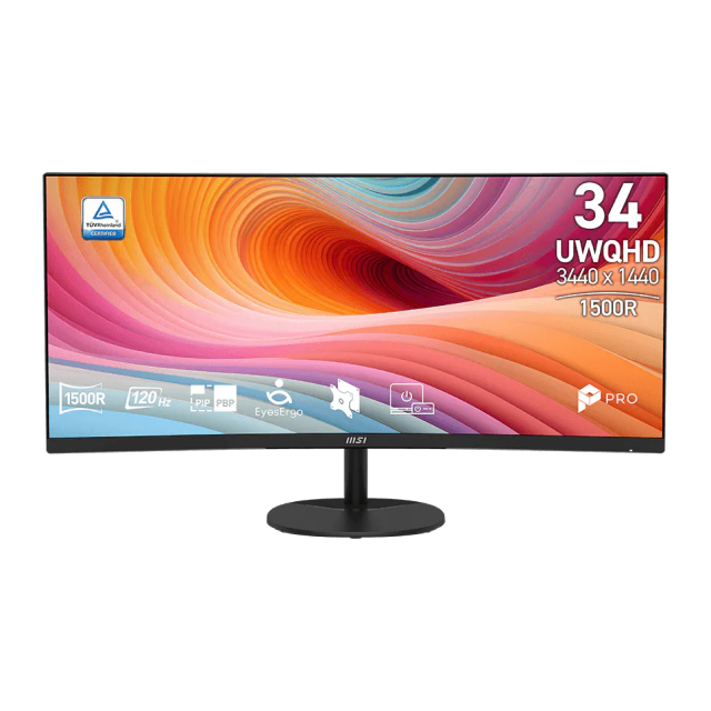 Monitor Gamer Curvo MSI PRO MP341CQ E12 | 34" | 3440 x 1440 (UWQHD) | VA | 120Hz | 1ms (MPRT) / 4ms (GTG) | 1500R | HDR Ready / AMD FreeSync | Bocinas Integradas | HDMI 2.0 / DisplayPort 1.4 / Jack 3.5mm | Negro | PRO MP341CQ E12