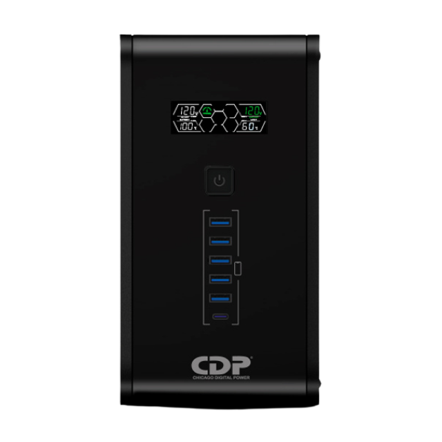 No Break UPS CDP R-SMART1210 | 1200 VA / 720 W | 10 Salidas | 1 x USB-C / 5 x USB-A | Puerto de Ethernet RJ45 | Pantalla LCD | Regulador de Voltaje Automático (AVR) | Supresor de Picos | Negro | R-SMART1210