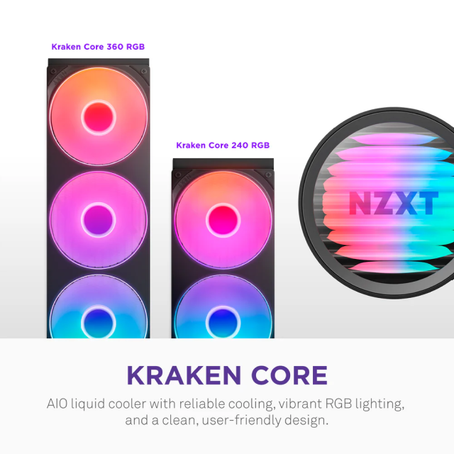Enfriamiento Líquido NZXT Kraken Core 360 RGB | 360 mm | Hasta 3100 RPM | 31.9 dBA | AM5 / AM4 | LGA 1851 / 1700 / 1200 / 115x | ARGB | Negro | RL-KR36C-B1