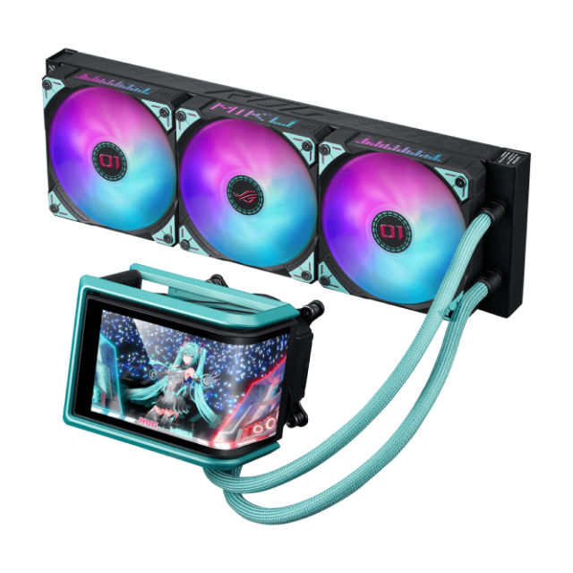 Enfriamiento Líquido ASUS ROG RYUO IV 360 ARGB Edición Hatsune Miku | 360 mm | 800 a 2650 RPM | 39.6 dBA | AM5 / AM4 | LGA 1851 / 1700 | Pantalla Curva AMOLED 2K Personalizable | ARGB | Negro | ROG RYUO IV 360 ARGB MIKU