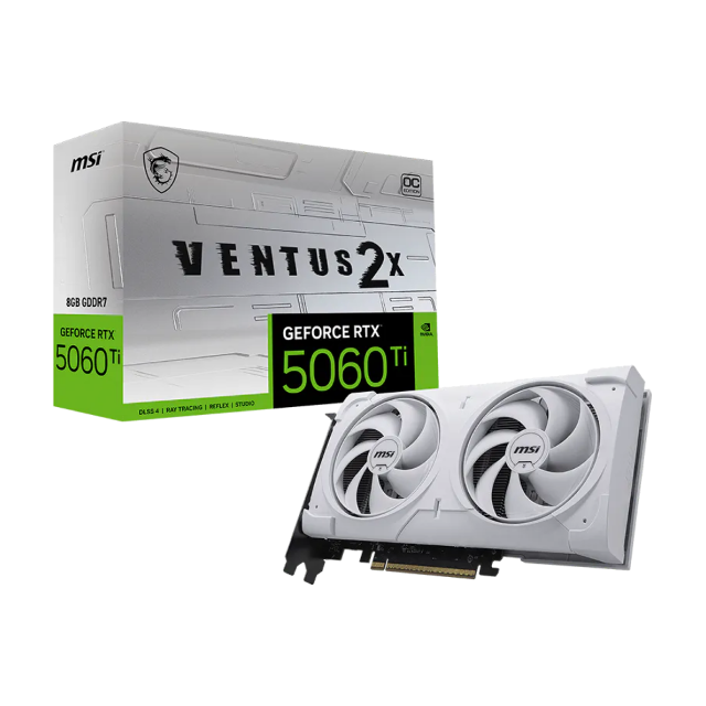 Tarjeta de Video MSI NVIDIA GeForce RTX 5060 Ti 8G VENTUS 2X OC WHITE PLUS | 8GB GDDR7 | PCIe 5.0 | 128 Bits | 1 x HDMI / 3 x DisplayPort | Blanco | RTX 5060 TI 8G VENTUS 2X OC WHITE PLUS