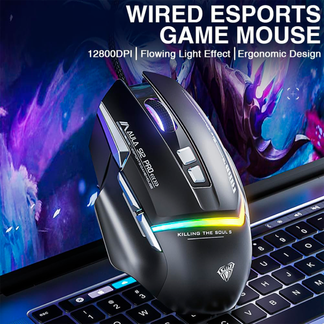 Mouse Gamer Alámbrico AULA Mountain S12PRO | Máx. 12800 DPI | 1000Hz | Sensor Óptico | 8 Botones Programables | RGB | Negro | S12PRO WIRED GAMING MOUSE BLACK