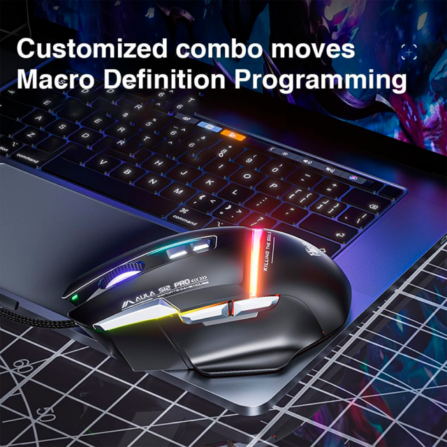 Mouse Gamer Alámbrico AULA Mountain S12PRO | Máx. 12800 DPI | 1000Hz | Sensor Óptico | 8 Botones Programables | RGB | Negro | S12PRO WIRED GAMING MOUSE BLACK