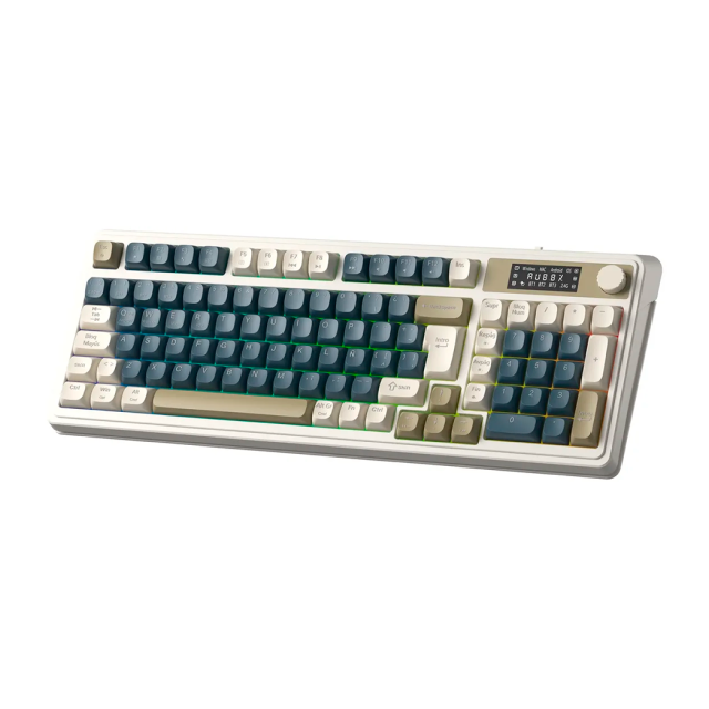 Teclado de Membrana Inalámbrico AULA Wind S99 PRO | Completo / 100% | Pantalla LED | Perilla Multimedia | 2.4 GHz / Bluetooth 5.0 / USB | Español | RGB | Blanco / Marrón / Azul | S99PRO RETRO GRAY (LIGHT CREAM + NAVY + BROWN)