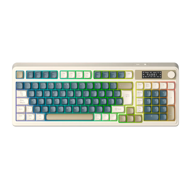 Teclado de Membrana Inalámbrico AULA Wind S99 PRO | Completo / 100% | Pantalla LED | Perilla Multimedia | 2.4 GHz / Bluetooth 5.0 / USB | Español | RGB | Blanco / Marrón / Azul | S99PRO RETRO GRAY (LIGHT CREAM + NAVY + BROWN)