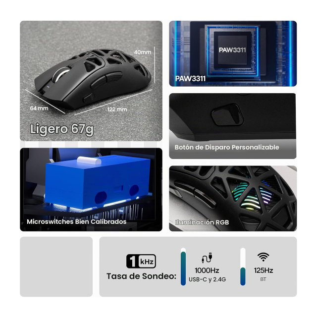 Mouse Gamer Inalámbrico AULA Wind SC620 | Máx. 12000 DPI | 1000Hz | Sensor Óptico PixArt PAW3311 | 67g | 8 Botones | 2.4GHz / Bluetooth / USB | RGB | Negro | SC620 Black