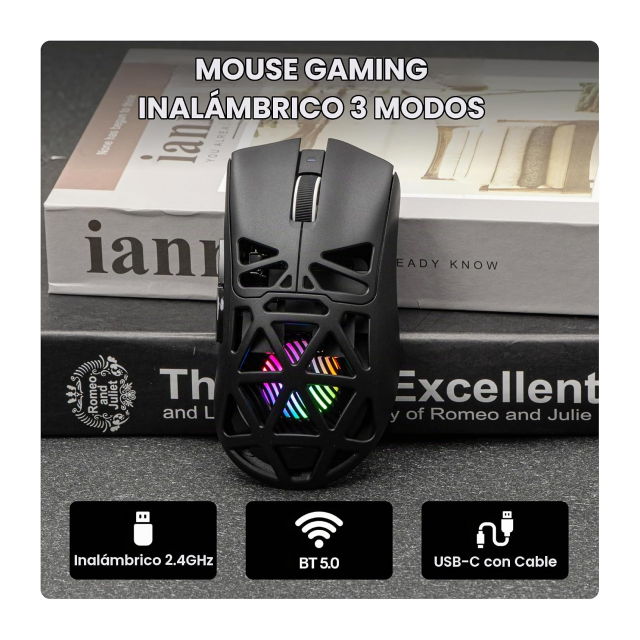 Mouse Gamer Inalámbrico AULA Wind SC620 | Máx. 12000 DPI | 1000Hz | Sensor Óptico PixArt PAW3311 | 67g | 8 Botones | 2.4GHz / Bluetooth / USB | RGB | Negro | SC620 Black